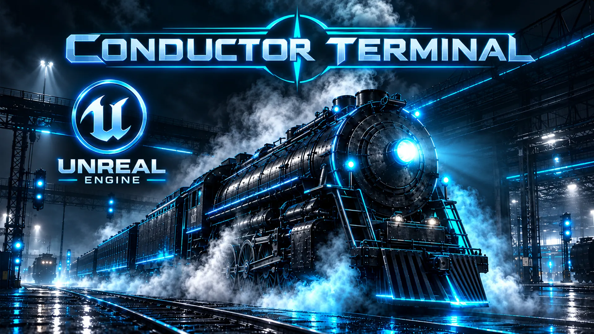 Conductor Terminal — a steam locomotive lit in electric blue, pulling into a rail yard at night